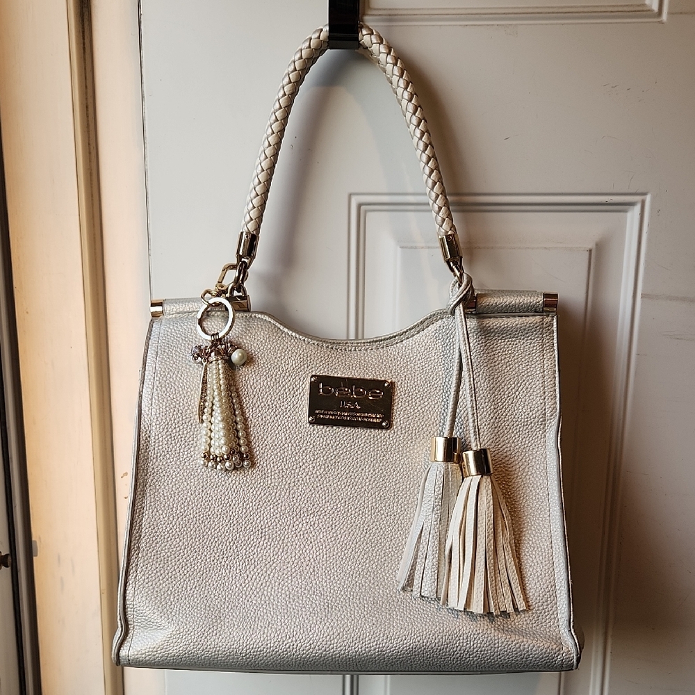 Bebe White Handbag with Tassel Accents
